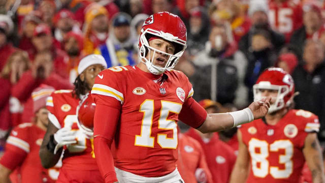 Dec 10, 2023; Kansas City, Missouri, USA; Kansas City Chiefs quarterback Patrick Mahomes (15) gestures to an official after a play against the Buffalo Bills during the second half at GEHA Field at Arrowhead Stadium. Mandatory Credit: Denny Medley-USA TODAY Sports  